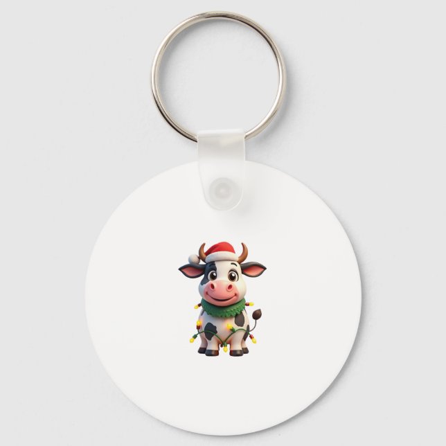 Merry Christmas Cow Santa Christmas Lights Cow Xma Keychain (Front)