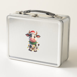 Merry Christmas Cow Santa Christmas Lights Cow Xma Metal Lunch Box
