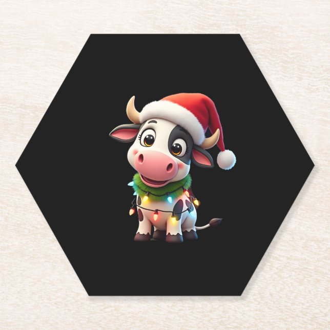 Merry Christmas Cow Santa Christmas Lights Cow Xma Paper Coaster (Front)