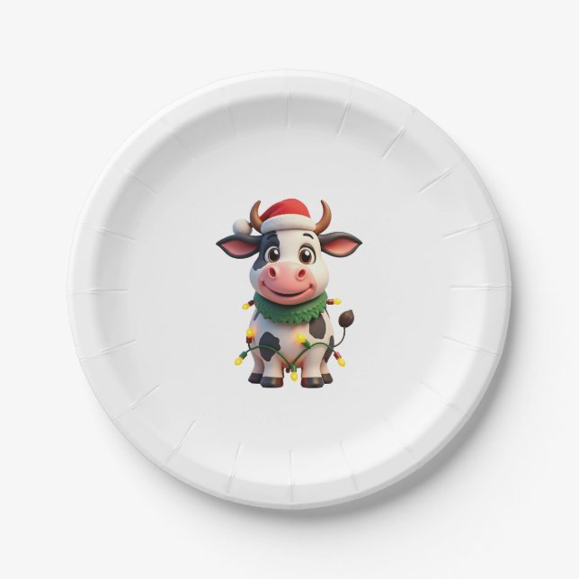 Merry Christmas Cow Santa Christmas Lights Cow Xma Paper Plates (Front)
