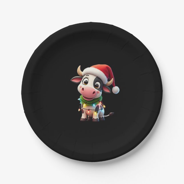 Merry Christmas Cow Santa Christmas Lights Cow Xma Paper Plates (Front)