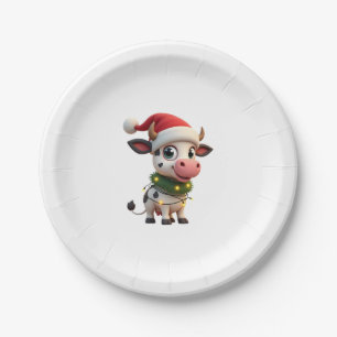 Merry Christmas Cow Santa Christmas Lights Cow Xma Paper Plates