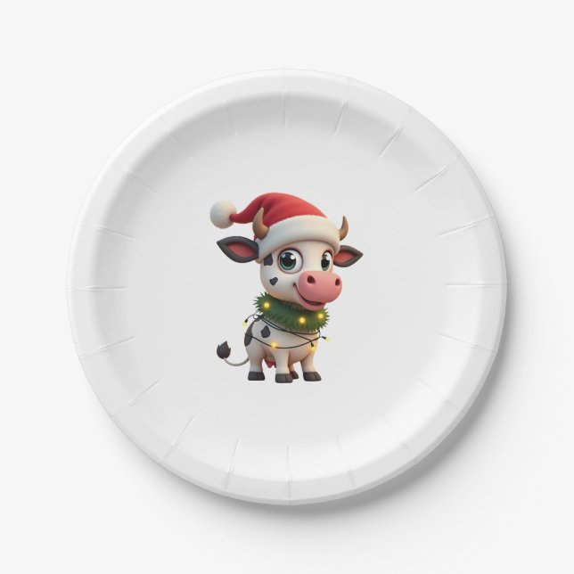 Merry Christmas Cow Santa Christmas Lights Cow Xma Paper Plates (Front)