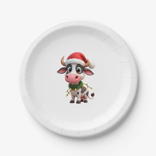 Merry Christmas Cow Santa Christmas Lights Cow Xma Paper Plates (Front)