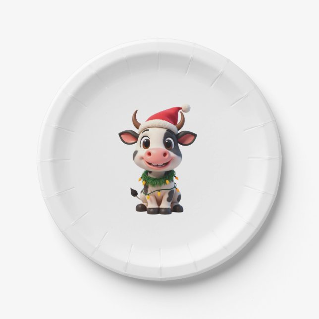 Merry Christmas Cow Santa Christmas Lights Cow Xma Paper Plates (Front)
