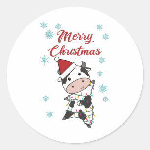 Merry Christmas Cow Snow Winter Calf Cows Classic Round Sticker