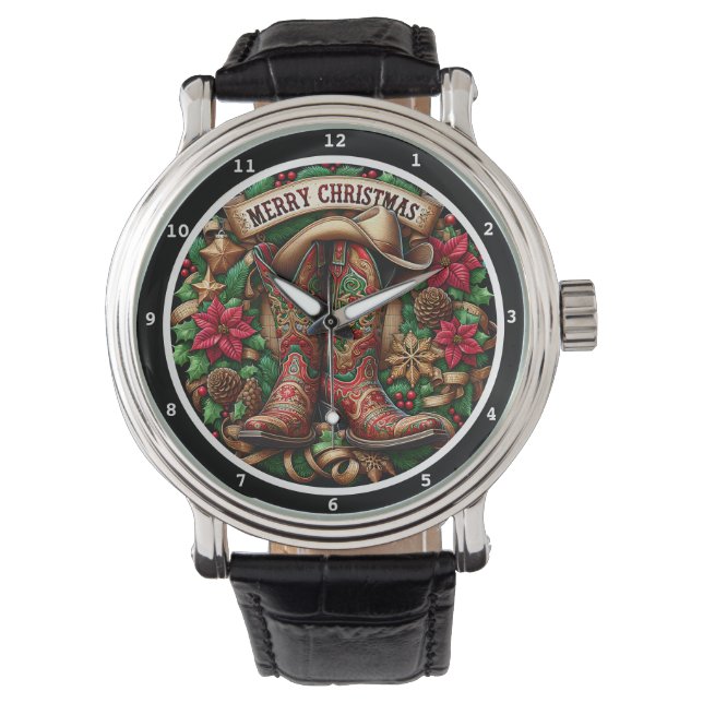 Merry Christmas Cowboy Boots on a Decorative Dial Watch (Front)