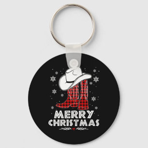 Merry Christmas Cowboy Boots Red Buffalo Plaid Wes Keychain