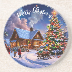 Merry Christmas Cozy Cabin in Snowy Forest Holiday Coaster