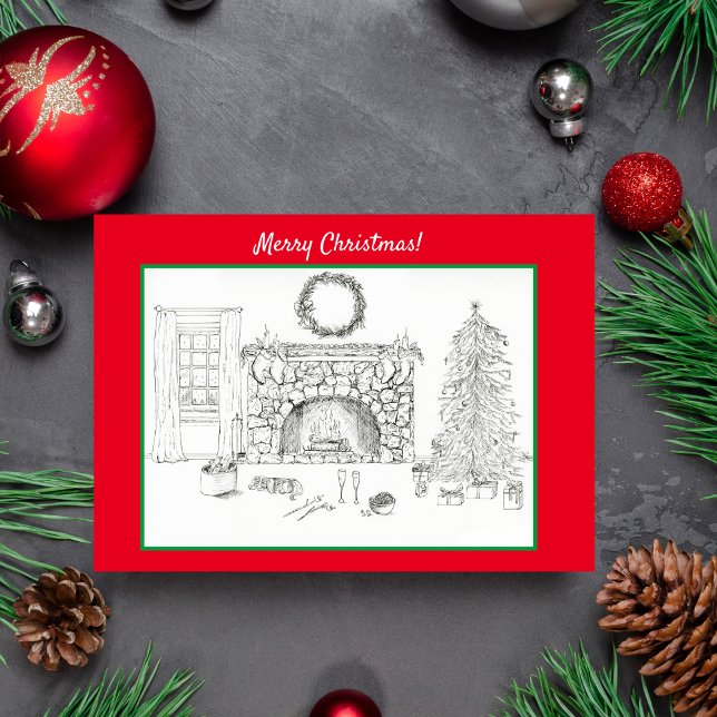 Merry Christmas Cozy Living Room With Cavalier Card (A homewarming Christmas card.)