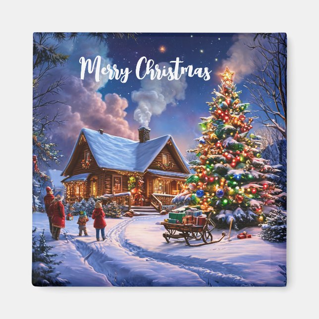 Merry Christmas Cozy Snowy Cabin in the Forest Magnet (Front)