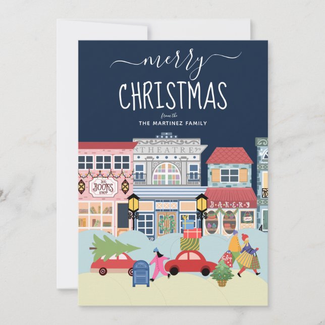 Merry Christmas Cozy Street Scene Holiday Card (Front)