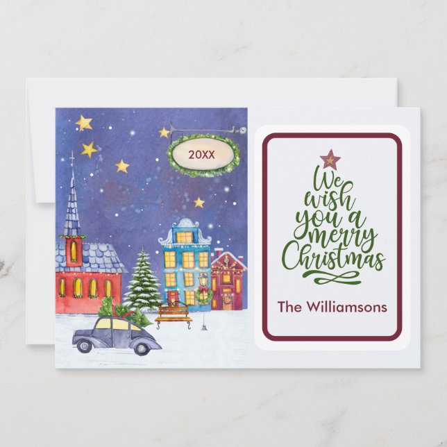 Merry Christmas Cozy Village Scene Christmas Card (Front)