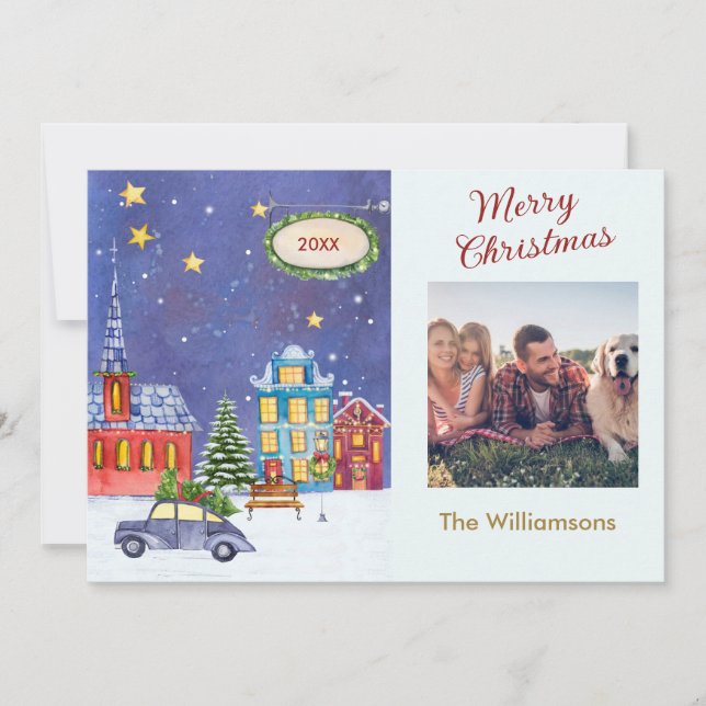 Merry Christmas Cozy Village Scene Photo Christmas Card (Front)