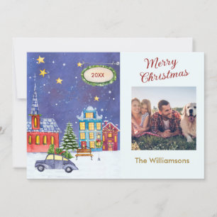 Merry Christmas Cozy Village Scene Photo Christmas Card