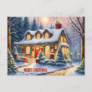 Merry Christmas Cozy Vintage Cottage in the Forest Holiday Postcard