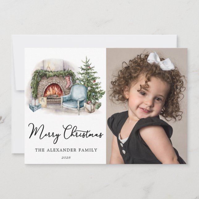 Merry Christmas Cozy Watercolor Home Photo Holiday Card (Front)