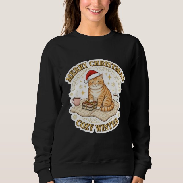 Merry Christmas Cozy Winter Cat Book Lover T-Shirt Sweatshirt (Front)