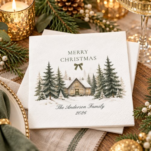 Merry Christmas Cozy Winter Cottage Olive Family Napkins