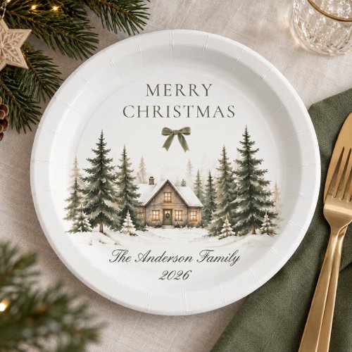 Merry Christmas Cozy Winter Cottage Olive Family Paper Plates