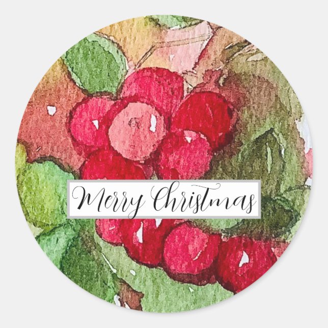 Merry Christmas Cranberries Fruit Watercolor Classic Round Sticker (Front)
