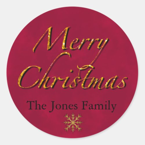 Merry Christmas cranberry gold elegant calligraph Classic Round Sticker