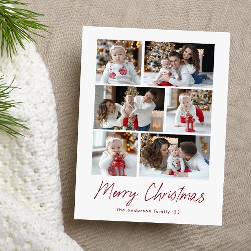 Merry Christmas Cranberry Script 6 Photo Collage Holiday Postcard