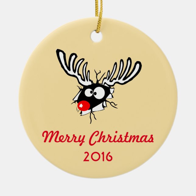 Merry Christmas! Crazy Red Nosed Reindeer Ceramic Ornament (Front)