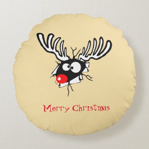 Merry Christmas Crazy Red Nosed Reindeer Round Pillow