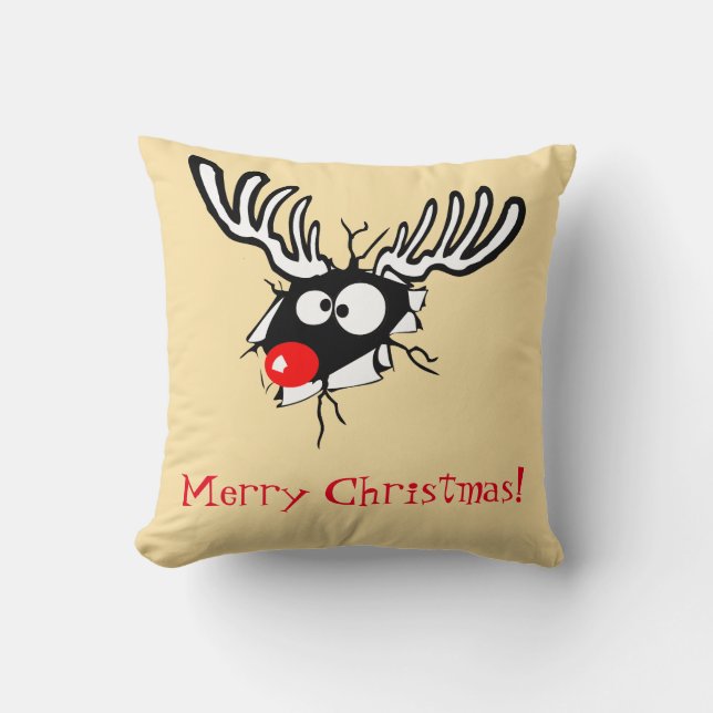 Merry Christmas! Crazy Red Nosed Reindeer Throw Pillow (Front)