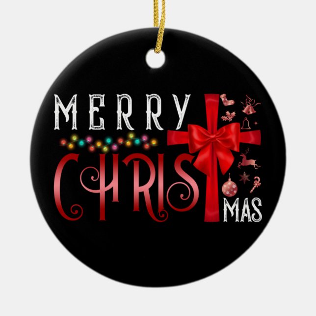 Merry Christmas Cross Christian Religious Ceramic Ornament (Front)