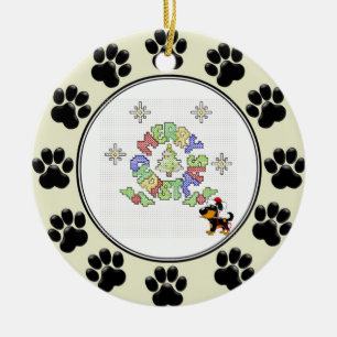 Merry Christmas Cross Stitch by Pup Ceramic Ornament