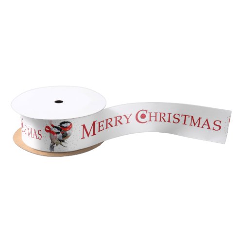 Merry Christmas Cuddling Chickadees CoupleWhite Satin Ribbon