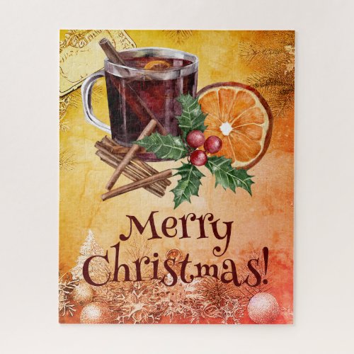 Merry Christmas Cup Orange Holly Berry Cinnamon  Jigsaw Puzzle