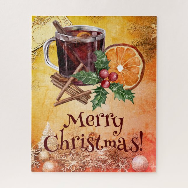 Merry Christmas Cup Orange Holly Berry Cinnamon  Jigsaw Puzzle (Vertical)