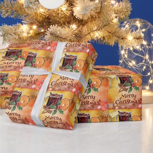 Merry Christmas Cup Orange Holly Berry Cinnamon Wrapping Paper