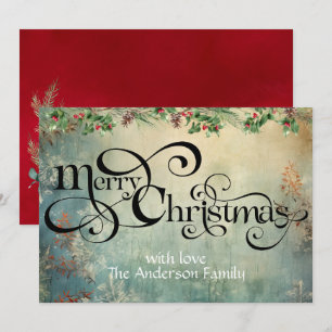 Merry Christmas Curls Swirl typo vintage greens Holiday Card