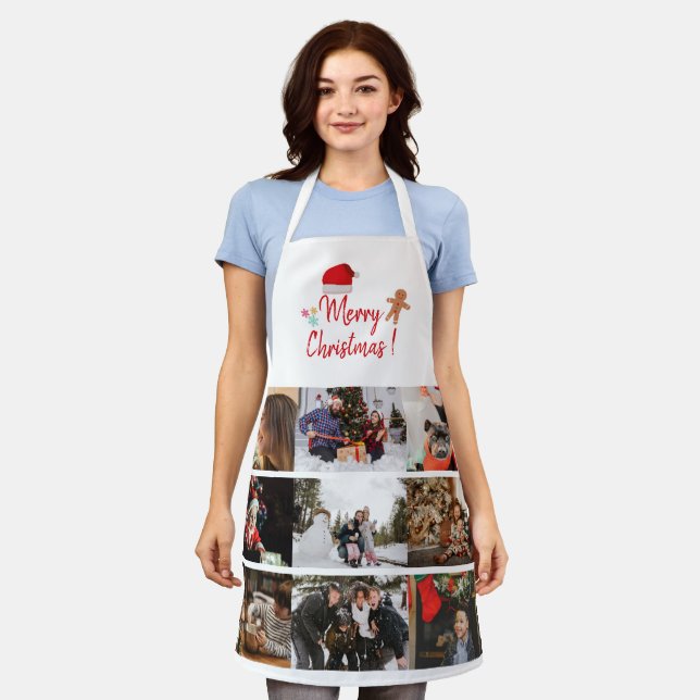 Merry Christmas Custom 9 Photo Collage Holiday Apron (Worn)
