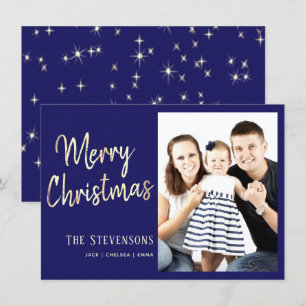 Merry Christmas   Custom Blue Gold   Holiday Photo Invitation