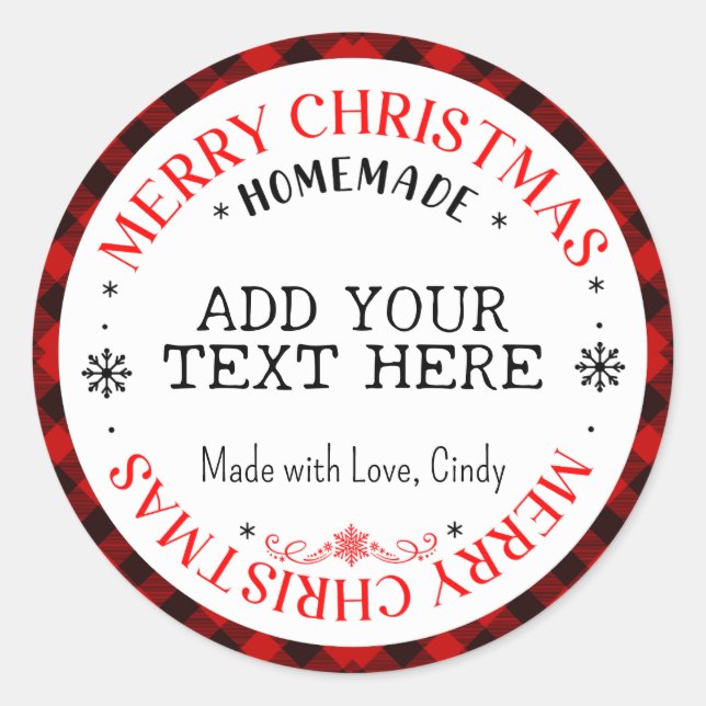 Merry Christmas Custom Buffalo Plaid Homemade   Classic Round Sticker (Front)