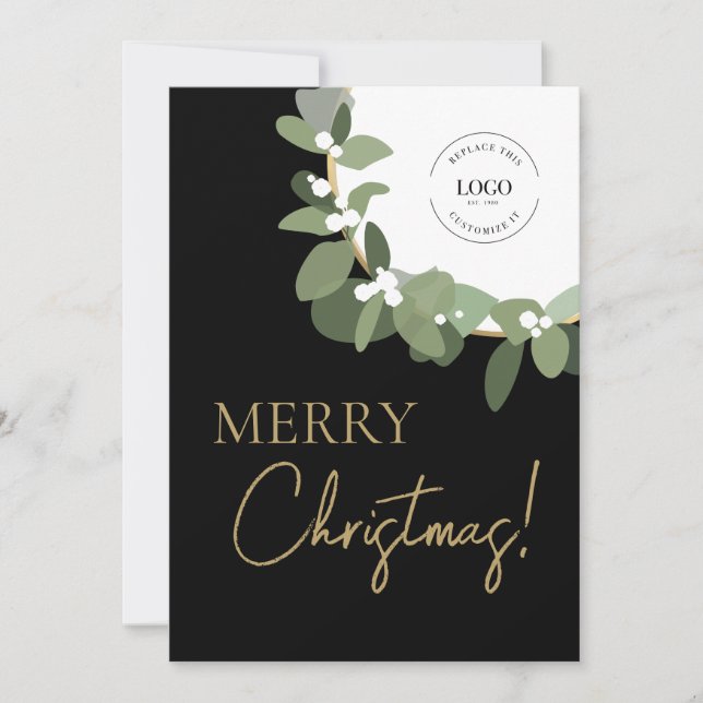 Merry Christmas Custom Business Logo Modern Wreath Holiday Card (Front)