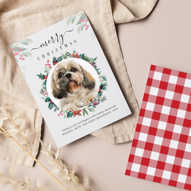 Merry Christmas Custom Dog Photo Botanical Note Card (Elegant Pet Photo Gingham Plaid Christmas Greetings Card)