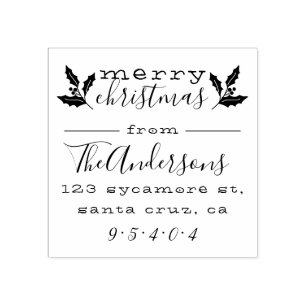 Merry Christmas Custom Family Name Return Address Rubber Stamp