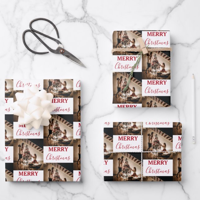 Merry Christmas Custom Family Photo Wrapping Paper Sheets (Front)