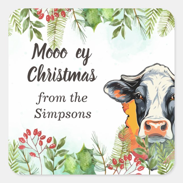 Merry Christmas Custom From the Name Cow Fun Square Sticker (Front)
