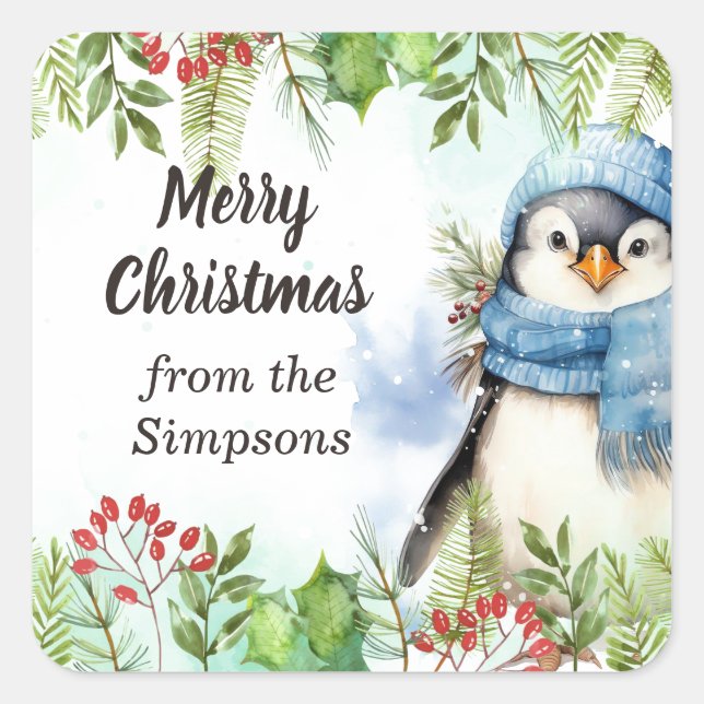 Merry Christmas Custom From the Name Penguin Square Sticker (Front)