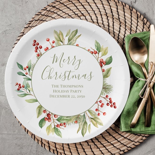 Merry Christmas Custom Greenery Wreath  Paper Plates (Custom Merry Christmas holiday greenery paper plate. )