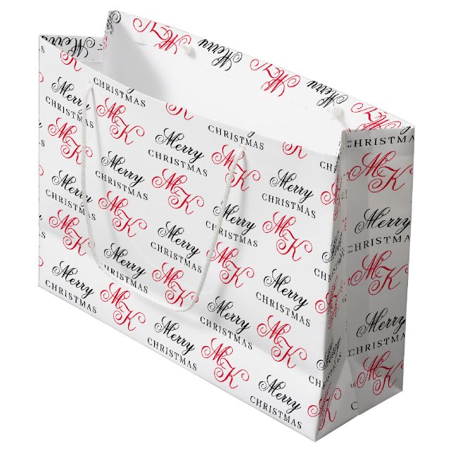 Merry Christmas Custom Monogram Initials Xmas Large Gift Bag (Front Angled)