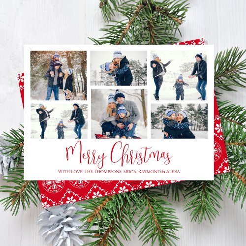 Merry Christmas Custom Multi Photo Red Snowflakes Holiday Card