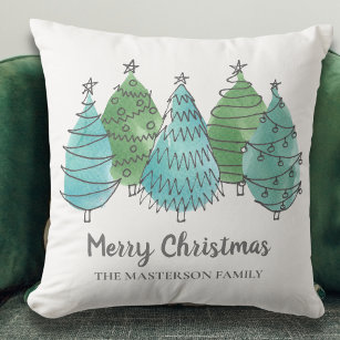 Merry Christmas Custom Name Christmas Trees Green Throw Pillow